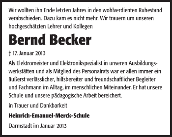 Traueranzeige von Bernd Becker von Echo-Zeitungen (Gesamtausgabe)