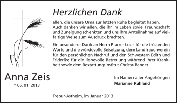 Traueranzeige von Anna Zeis von Rüsselsheimer Echo, Groß-Gerauer-Echo, Ried Echo