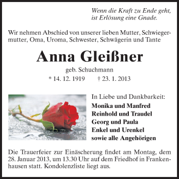 Traueranzeige von Anna Gleißner von Echo-Zeitungen (Gesamtausgabe)
