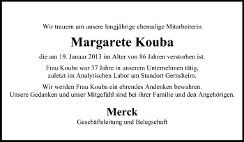 Traueranzeige von Margarete Kouba von Rüsselsheimer Echo, Groß-Gerauer-Echo, Ried Echo