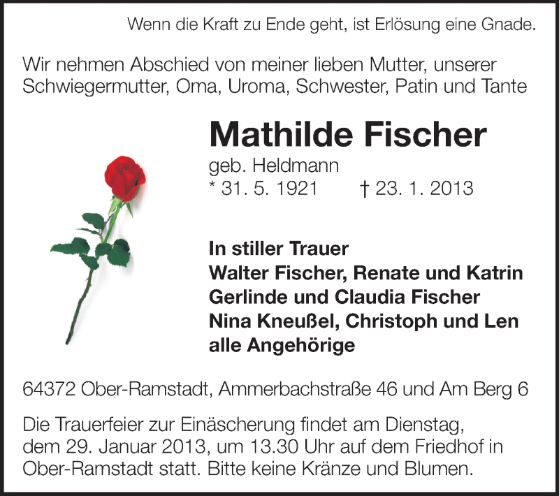  Traueranzeige für Mathilde Fischer vom 26.01.2013 aus Echo-Zeitungen (Gesamtausgabe)