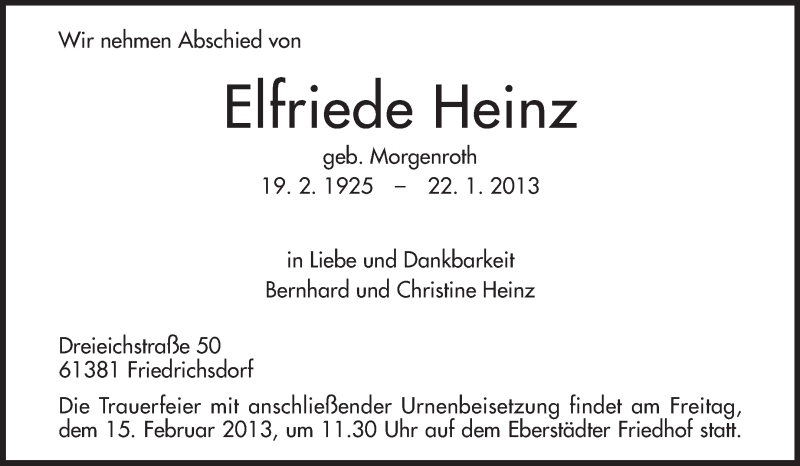  Traueranzeige für Elfriede Heinz vom 02.02.2013 aus Echo-Zeitungen (Gesamtausgabe)