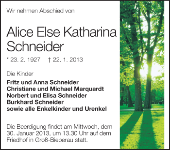 Traueranzeige von Alice Else Katharina Schneider von Darmstädter Echo