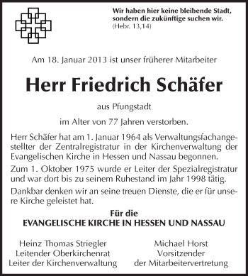 Traueranzeige von Friedrich Schäfer von Echo-Zeitungen (Gesamtausgabe)