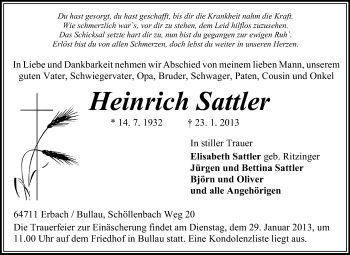 Traueranzeige von Heinrich Sattler von Odenwälder Echo