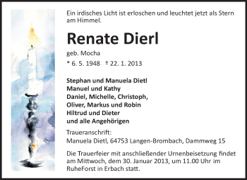 Traueranzeige von Renate Dierl von Odenwälder Echo