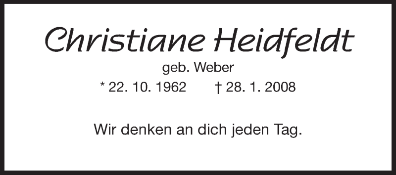  Traueranzeige für Christiane Heidfeldt vom 26.01.2013 aus Echo-Zeitungen (Gesamtausgabe)