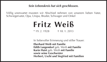 Traueranzeige von Fritz Weiß von Echo-Zeitungen (Gesamtausgabe)