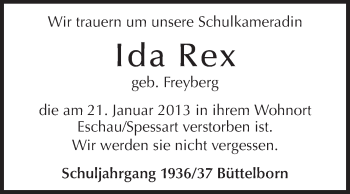 Traueranzeige von Ida Rex von Rüsselsheimer Echo, Groß-Gerauer-Echo, Ried Echo