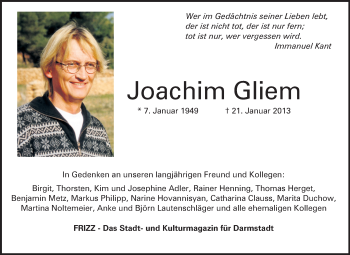 Traueranzeige von Joachim Gliem von Echo-Zeitungen (Gesamtausgabe)