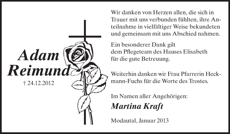  Traueranzeige für Adam Reimund vom 26.01.2013 aus Echo-Zeitungen (Gesamtausgabe)