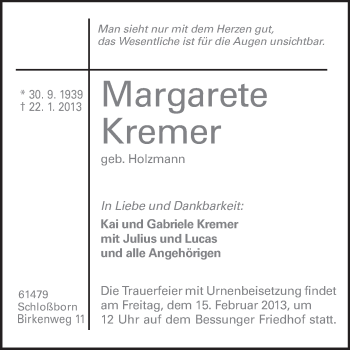 Traueranzeige von Margarete Kremer von Echo-Zeitungen (Gesamtausgabe)