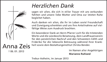 Traueranzeige von Anna Zeis von Rüsselsheimer Echo, Groß-Gerauer-Echo, Ried Echo