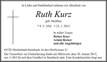 Traueranzeige von Ruth Kurz von Odenwälder Echo