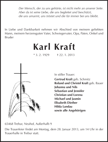 Traueranzeige von Karl Kraft von Rüsselsheimer Echo, Groß-Gerauer-Echo, Ried Echo