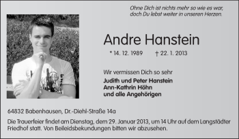 Traueranzeige von Andre Hanstein von Echo-Zeitungen (Gesamtausgabe)
