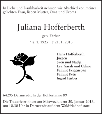Traueranzeige von Juliana Hofferberth von Darmstädter Echo, Odenwälder Echo, Rüsselsheimer Echo, Groß-Gerauer-Echo, Ried Echo