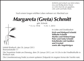 Traueranzeige von Margareta Schmitt von Odenwälder Echo