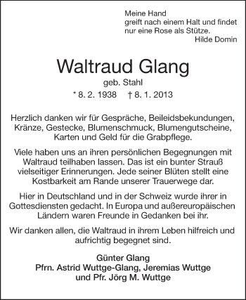 Traueranzeige von Waltraud Glang von Darmstädter Echo, Odenwälder Echo, Rüsselsheimer Echo, Groß-Gerauer-Echo, Ried Echo