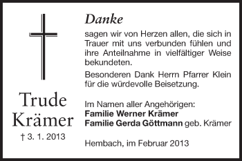 Traueranzeige von Trude Krämer von Odenwälder Echo