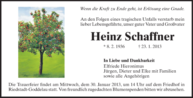  Traueranzeige für Heinz Schaffner vom 28.01.2013 aus Rüsselsheimer Echo, Groß-Gerauer-Echo, Ried Echo