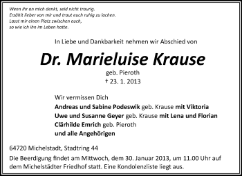 Traueranzeige von Marieluise Krause von Odenwälder Echo
