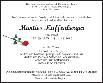 Traueranzeige von Marlies Kaffenberger von Echo-Zeitungen (Gesamtausgabe)