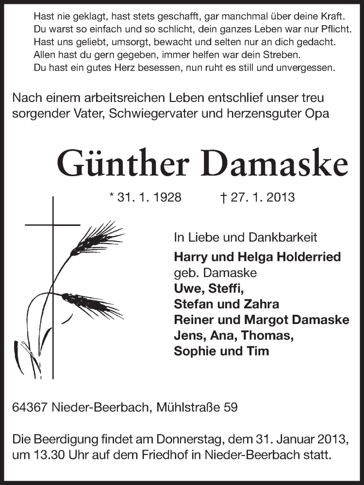  Traueranzeige für Günther Damaske vom 29.01.2013 aus Echo-Zeitungen (Gesamtausgabe)