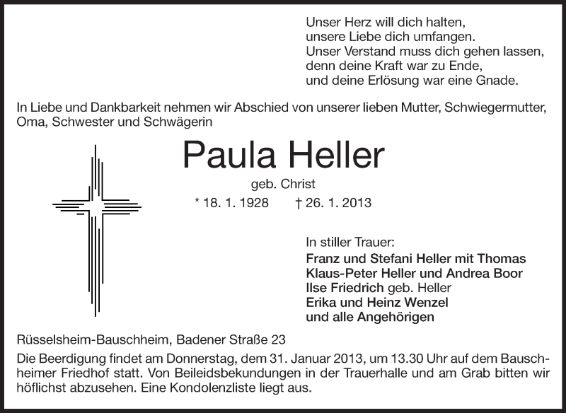  Traueranzeige für Paula Heller vom 29.01.2013 aus Rüsselsheimer Echo, Groß-Gerauer-Echo, Ried Echo