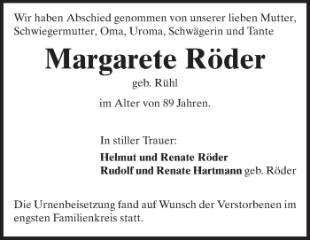 Traueranzeige von Margarete Röder von Echo-Zeitungen (Gesamtausgabe)