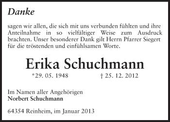 Traueranzeige von Erika Schuchmann von Darmstädter Echo, Odenwälder Echo, Rüsselsheimer Echo, Groß-Gerauer-Echo, Ried Echo