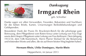 Traueranzeige von Irmgard Rhein von Starkenburger Echo, Bergsträßer Anzeiger
