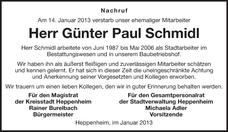  Traueranzeige für Günter Paul Schmidl vom 29.01.2013 aus Starkenburger Echo