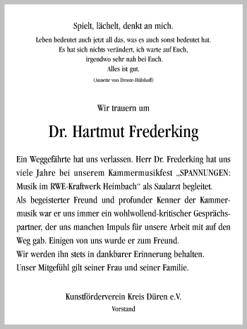 Traueranzeige von Hartmut Frederking von Echo-Zeitungen (Gesamtausgabe)