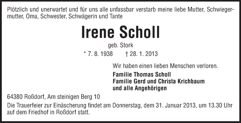  Traueranzeige für Irene Scholl vom 29.01.2013 aus Echo-Zeitungen (Gesamtausgabe)