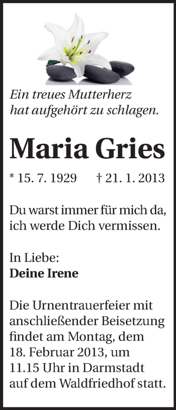 Traueranzeige von Maria Gries von Echo-Zeitungen (Gesamtausgabe)