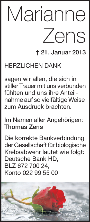 Traueranzeige von Marianne Zens von Echo-Zeitungen (Gesamtausgabe)