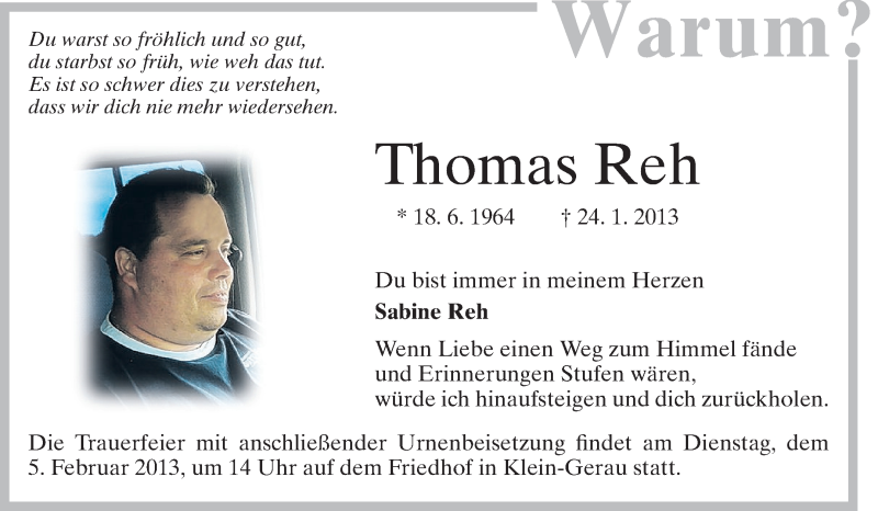  Traueranzeige für Thomas Reh vom 02.02.2013 aus Rüsselsheimer Echo, Groß-Gerauer-Echo, Ried Echo