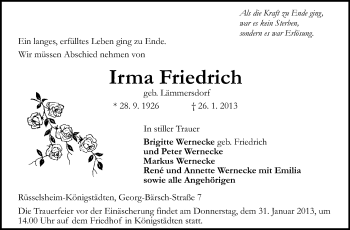 Traueranzeige von Irma Friedrich von Rüsselsheimer Echo, Groß-Gerauer-Echo, Ried Echo