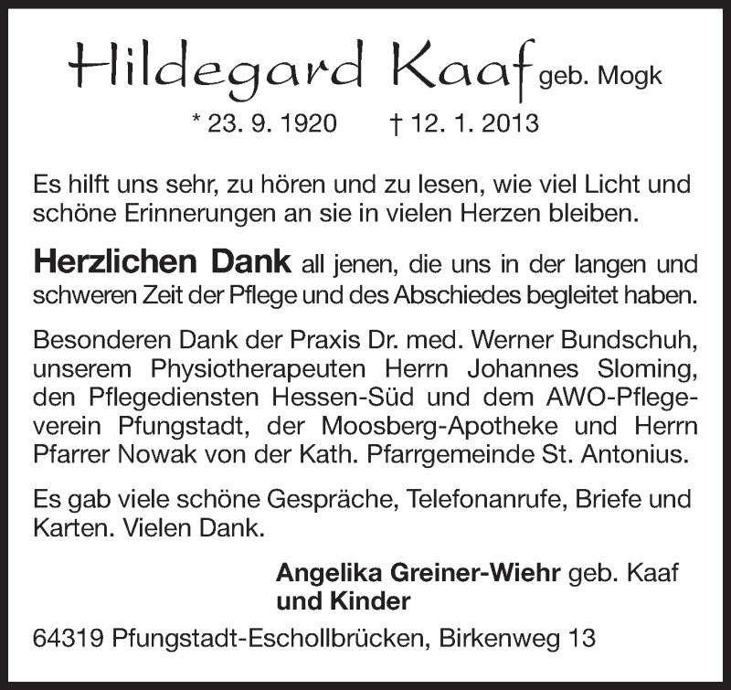 Traueranzeige für Hildegard Kaaf vom 02.02.2013 aus Echo-Zeitungen (Gesamtausgabe)