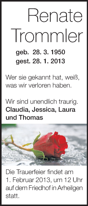 Traueranzeige von Renate Trommler von Echo-Zeitungen (Gesamtausgabe)