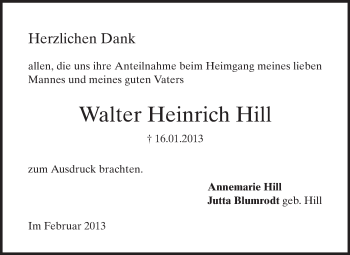 Traueranzeige von Walter Heinrich Hill von Echo-Zeitungen (Gesamtausgabe)