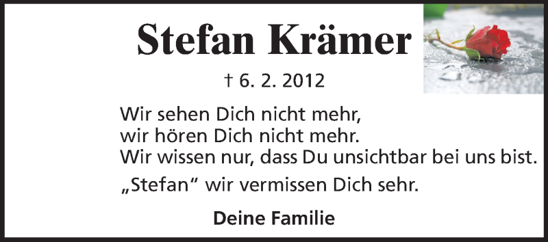  Traueranzeige für Stefan Krämer vom 06.02.2013 aus Rüsselsheimer Echo, Groß-Gerauer-Echo, Ried Echo