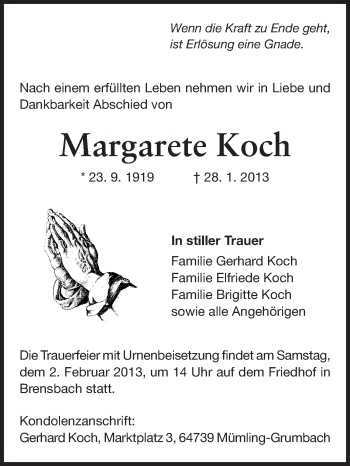 Traueranzeige von Margarete Koch von Odenwälder Echo