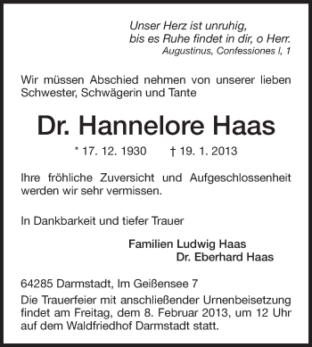 Traueranzeige von Hannelore Haas von Echo-Zeitungen (Gesamtausgabe)