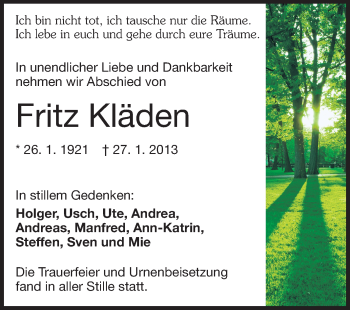 Traueranzeige von Fritz Kläden von Echo-Zeitungen (Gesamtausgabe)
