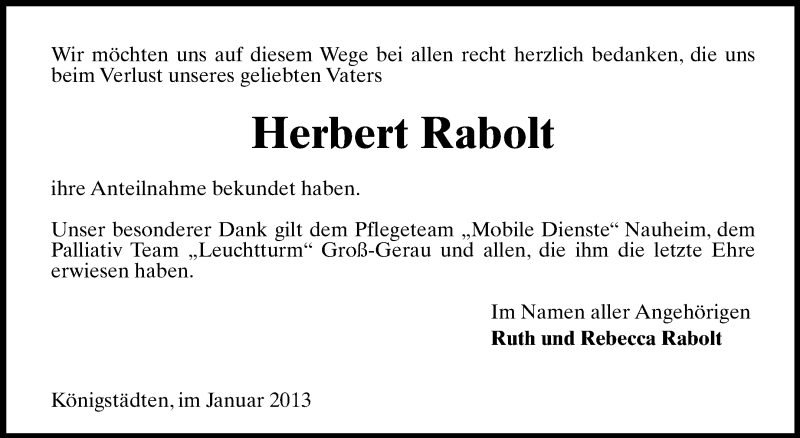  Traueranzeige für Herbert Rabolt vom 02.02.2013 aus Rüsselsheimer Echo, Groß-Gerauer-Echo, Ried Echo
