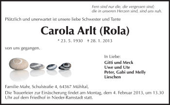 Traueranzeige von Carola Arlt von Echo-Zeitungen (Gesamtausgabe)