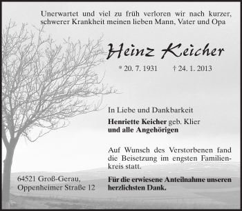 Traueranzeige von Heinz Keicher von Rüsselsheimer Echo, Groß-Gerauer-Echo, Ried Echo