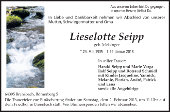 Traueranzeige von Lieselotte Seipp von Echo-Zeitungen (Gesamtausgabe)